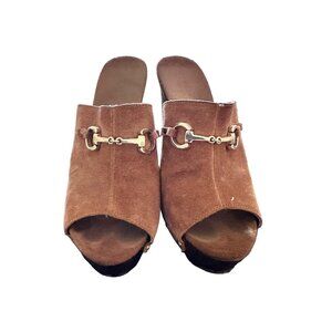 🍒 2/$20 🍒 Cognac Open Toe Wedges with Gold Buckles 4” Rise sz 38